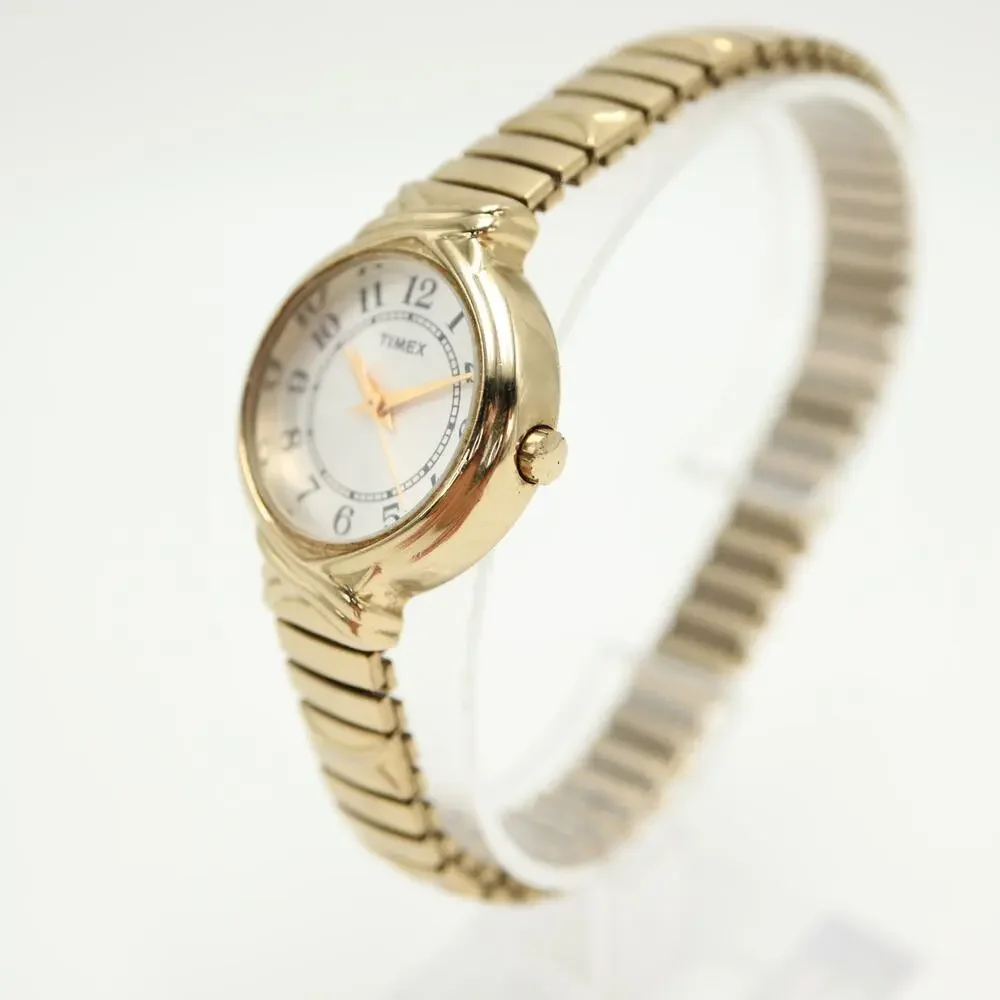 Timex Ladies 26mm Womens Gold Tone Watch Champagne Dial Stretch Band New Battery